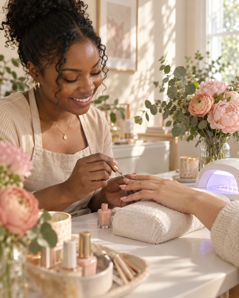 A nail technician finishing a client’s manicure