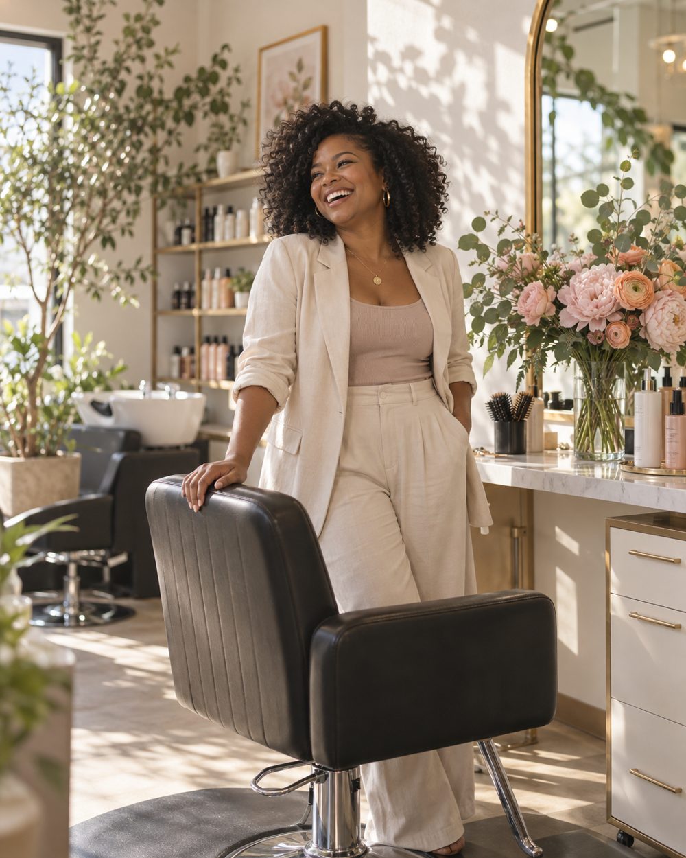 A salon owner smiling beside her styling chair