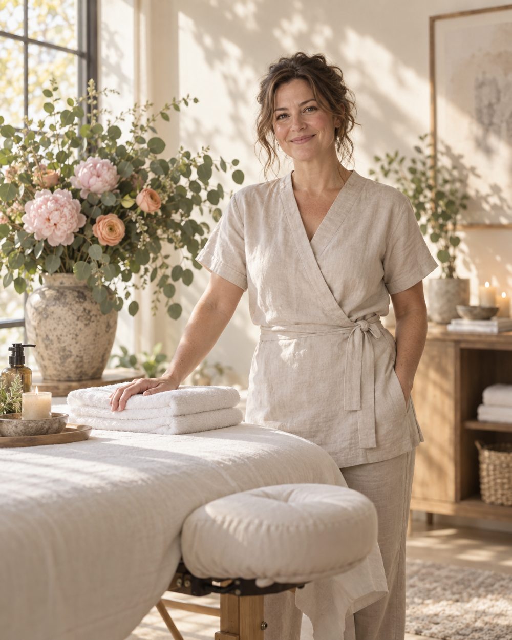 A massage therapist in her studio