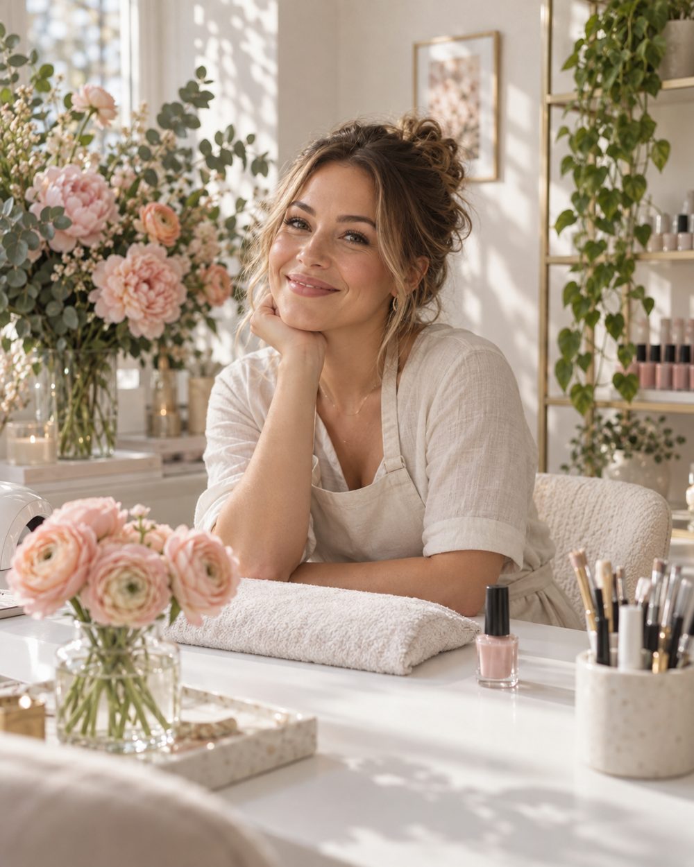 A nail technician at her desk