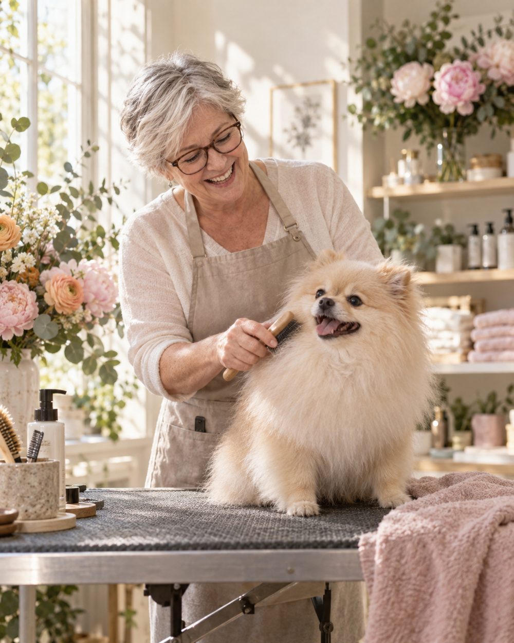 A dog groomer with a freshly groomed dog