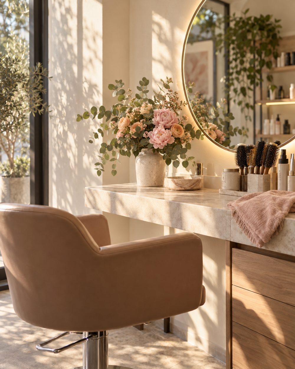 A styling station with a vase of flowers